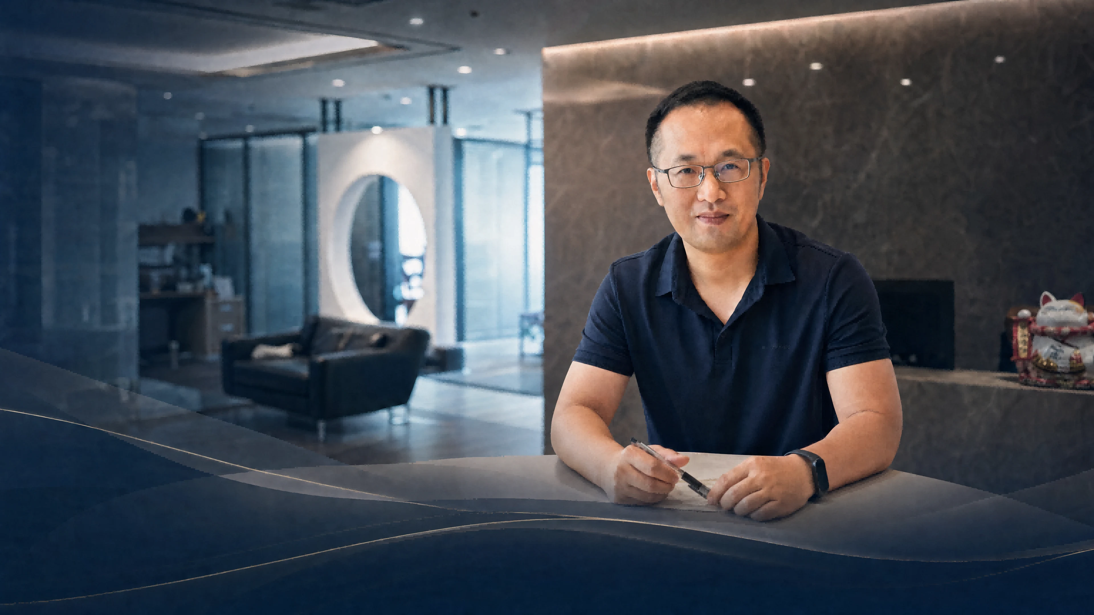 Professional businessman reviewing trademark documents on mobile phone in modern office setting with warm lighting